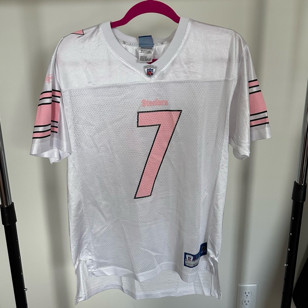 Reebok NFL Equipment White and Pink Roethlisberger Pittsburgh Steeler Jersey